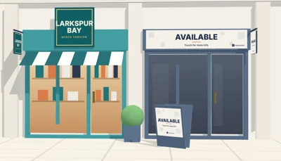 Nexysrent shop signs: a tenant's logo above their shop and on a hanging sign; next door the Available sign across the shop front, hanging at the side and on a street board