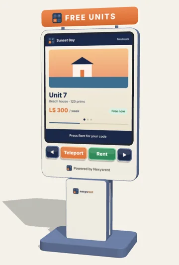 A Nexysrent vendor showing a free unit, with Teleport and Rent buttons